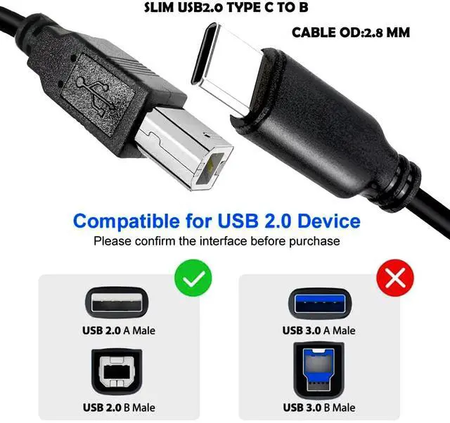 Alt view image 2 of 5 - YOTETION Long Slim USB2.0 C Printer Cable 40ft, USB C to USB B Cable USB 2.0 Cable High Speed USB Printer USB2.0 C to B Cable Scanner Printer Cord to Computer for HP Canon Brother Dell Epson OD2.8MM