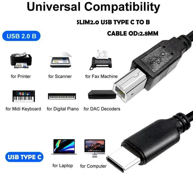 Alt view image 3 of 5 - YOTETION Long Slim USB2.0 C Printer Cable 40ft, USB C to USB B Cable USB 2.0 Cable High Speed USB Printer USB2.0 C to B Cable Scanner Printer Cord to Computer for HP Canon Brother Dell Epson OD2.8MM