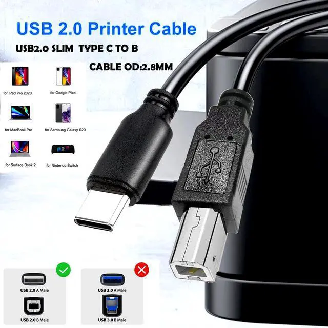 Alt view image 4 of 5 - YOTETION Long Slim USB2.0 C Printer Cable 40ft, USB C to USB B Cable USB 2.0 Cable High Speed USB Printer USB2.0 C to B Cable Scanner Printer Cord to Computer for HP Canon Brother Dell Epson OD2.8MM
