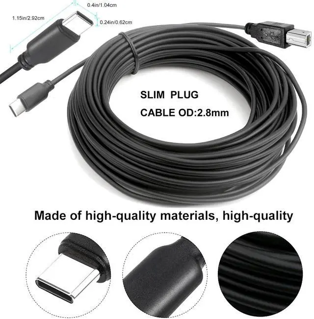 Alt view image 5 of 5 - YOTETION Long Slim USB2.0 C Printer Cable 40ft, USB C to USB B Cable USB 2.0 Cable High Speed USB Printer USB2.0 C to B Cable Scanner Printer Cord to Computer for HP Canon Brother Dell Epson OD2.8MM