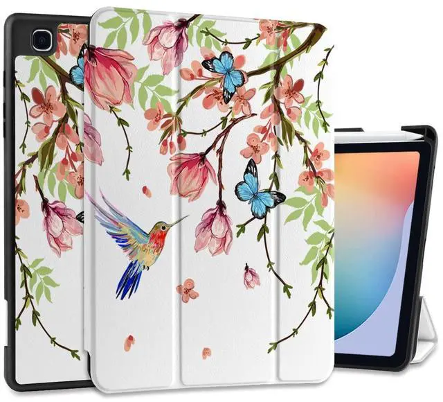 Main image of MEEgoodo for Samsung Galaxy Tab S6 Lite 10.4 inch Case 2022 2020 Model (SM-P610/P613/P615/P619) with S Pen Holder,Smart Cover with Trifold Stand + Soft TPU Back Shell + Auto Wake/Sleep,Birds & Flowers
