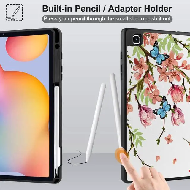 Alt view image 3 of 5 - MEEgoodo for Samsung Galaxy Tab S6 Lite 10.4 inch Case 2022 2020 Model (SM-P610/P613/P615/P619) with S Pen Holder,Smart Cover with Trifold Stand + Soft TPU Back Shell + Auto Wake/Sleep,Birds & Flowers