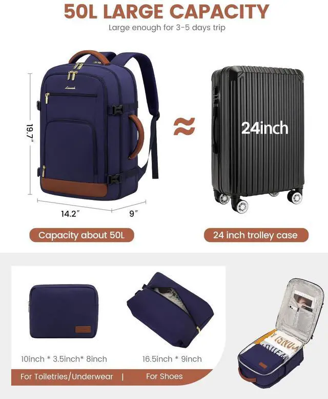 Alt view image 2 of 5 - LOVEVOOK Travel Backpack For Women Flight Approved, 50L Large Carry On Backpack, Personal Item Travel Bag for Airplanes, Business 18 Inch Laptop Backpack, Weekender Overnight Daypack, With 3 Cubes