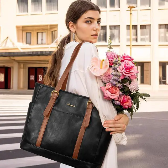 Alt view image 2 of 5 - LOVEVOOK Laptop Tote Bag for Women,Vintage Leather Work Tote Bag for Women, 17.3 Inch Computer Briefcase Bag,Waterproof Teacher Business Office