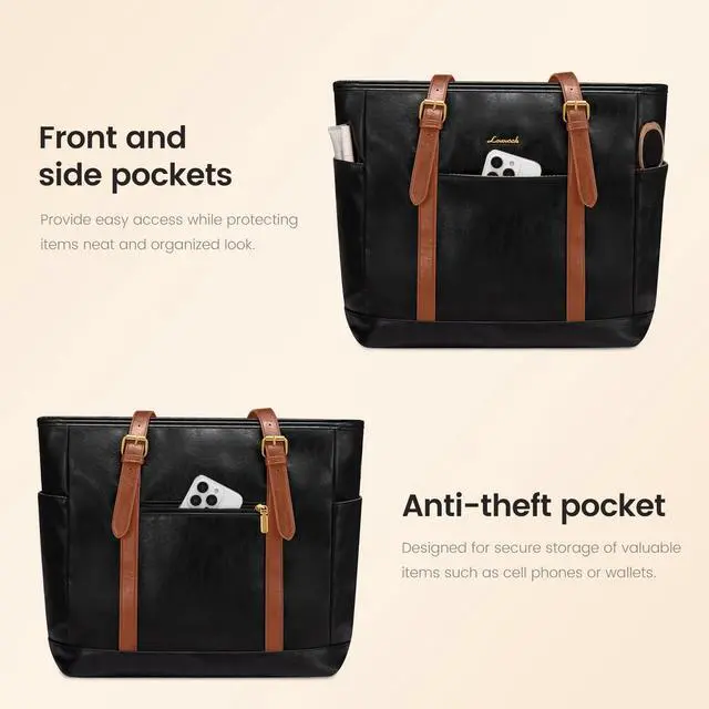 Alt view image 4 of 5 - LOVEVOOK Laptop Tote Bag for Women,Vintage Leather Work Tote Bag for Women, 17.3 Inch Computer Briefcase Bag,Waterproof Teacher Business Office