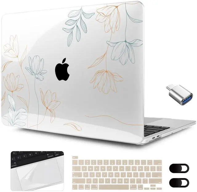 Main image of MEEgoodo for MacBook Pro Case 13 inch 2022 2021 2020 A2338 M2/M1 A2251 A2289 with Touch ID, Clear Laptop Hard Shell Cases with Keyboard Webcam Cover & Trackpad Film & Type C Adapter, Engraving Floral