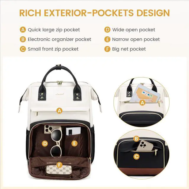 Alt view image 3 of 5 - LOVEVOOK Leather Backpack for Women,18 inch Leather Laptop Backpacks Women,Professional Work Backpacks Nurse College Teacher Bag,Womens Laptop Tote Bag Computer Travel Backpack,Beige White-Black-Brown