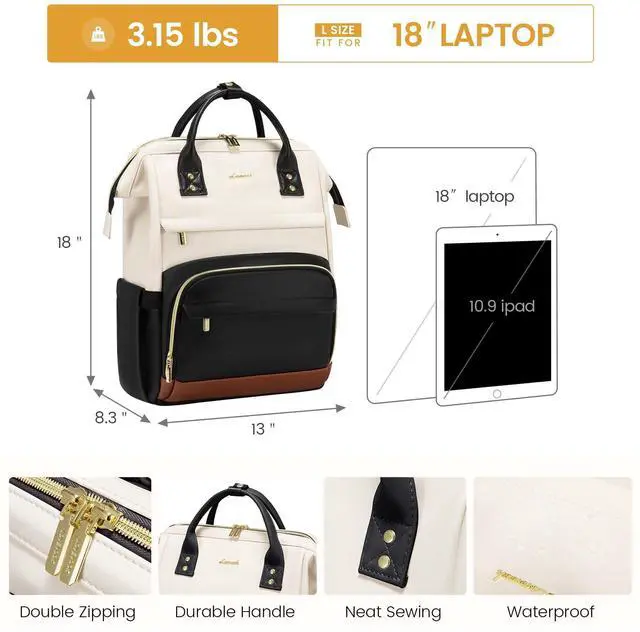 Alt view image 4 of 5 - LOVEVOOK Leather Backpack for Women,18 inch Leather Laptop Backpacks Women,Professional Work Backpacks Nurse College Teacher Bag,Womens Laptop Tote Bag Computer Travel Backpack,Beige White-Black-Brown
