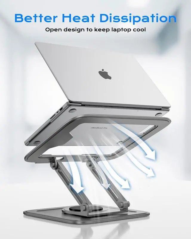 Alt view image 4 of 5 - Adjustable Laptop Stand for Desk with 360 Base, Ergonomic Laptop Riser, Mount, Holder Notebook Computer Stand for MacBook Air Pro, HP, Dell, XPS, HP 16" Laptops - Gray