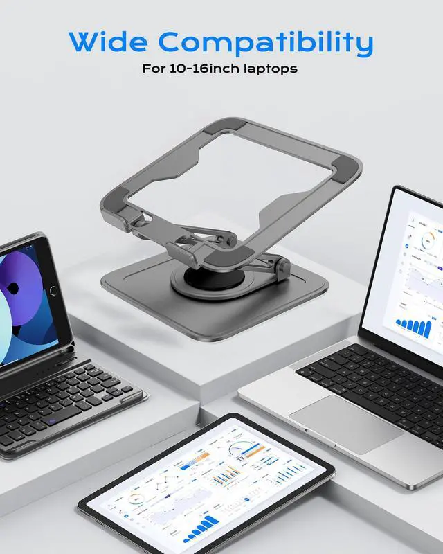 Alt view image 5 of 5 - Adjustable Laptop Stand for Desk with 360 Base, Ergonomic Laptop Riser, Mount, Holder Notebook Computer Stand for MacBook Air Pro, HP, Dell, XPS, HP 16" Laptops - Gray