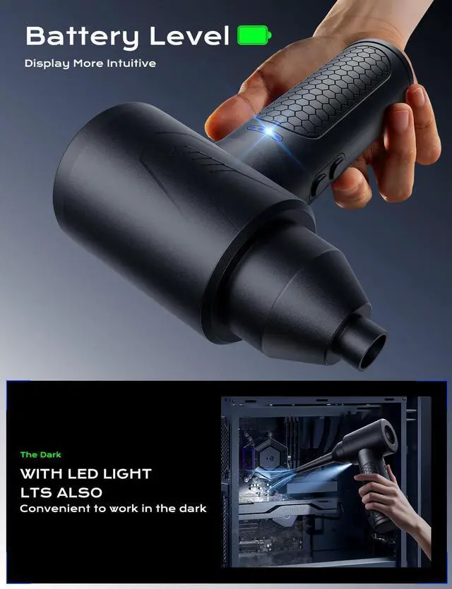 Alt view image 3 of 5 - Compressed Air Duster-3 Gear Adjustable 120000RPM Electric Air Duster with LED Light, Rechargeable Cordless Air Blower for Computer, Keyboard, Outdoor, House and Car Replaces Compressed Air Cans Black