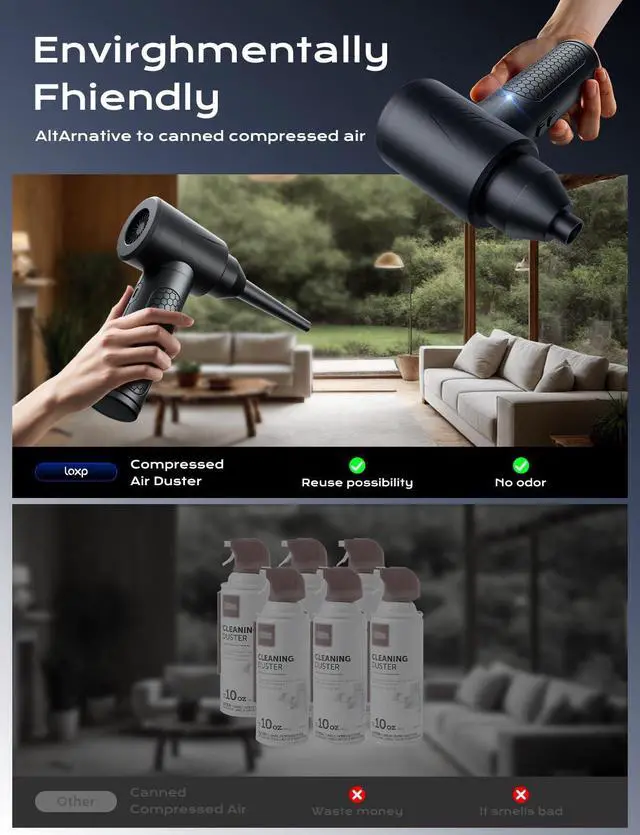 Alt view image 5 of 5 - Compressed Air Duster-3 Gear Adjustable 120000RPM Electric Air Duster with LED Light, Rechargeable Cordless Air Blower for Computer, Keyboard, Outdoor, House and Car Replaces Compressed Air Cans Black