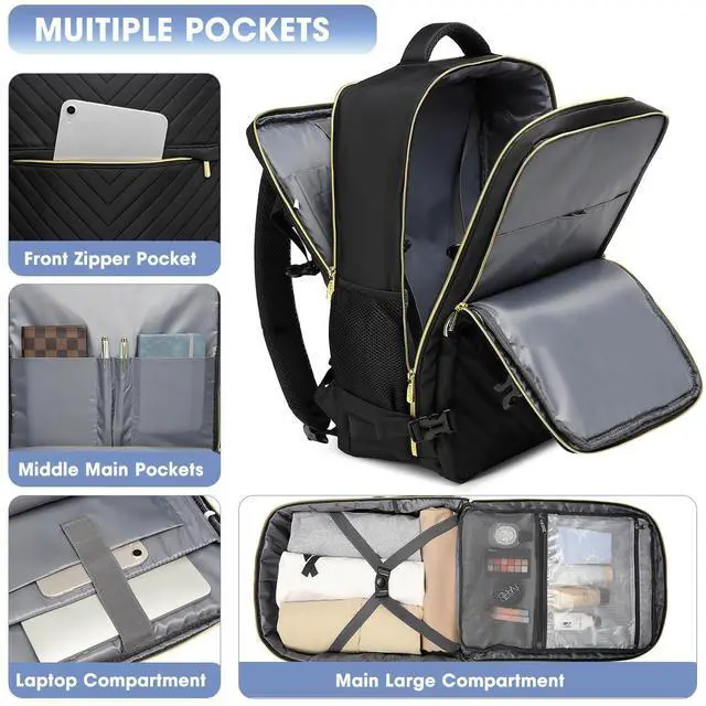 Alt view image 3 of 5 - Large Carry On Travel Backpack - Flight Approved Waterproof Anti-Theft Luggage Daypack for Women Men 20 Inch Business Weekender Overnight Backpack College Bag Personal Item Size Black