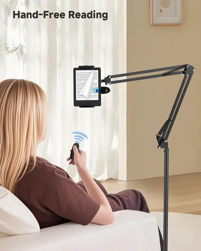 Alt view image 2 of 5 - Floor Tablet Holder for Kindle with Remote Page Turner, Kindle Stand for Reading in Bed on Paperwhite Colorsoft Scribe E-reader, Lazy Arm Phone Mount for E-book Reading with Clicker Accessories