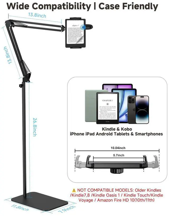 Alt view image 3 of 5 - Floor Tablet Holder for Kindle with Remote Page Turner, Kindle Stand for Reading in Bed on Paperwhite Colorsoft Scribe E-reader, Lazy Arm Phone Mount for E-book Reading with Clicker Accessories