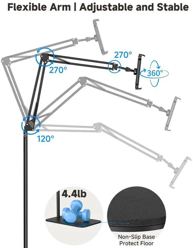 Alt view image 5 of 5 - Floor Tablet Holder for Kindle with Remote Page Turner, Kindle Stand for Reading in Bed on Paperwhite Colorsoft Scribe E-reader, Lazy Arm Phone Mount for E-book Reading with Clicker Accessories