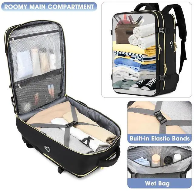 Alt view image 2 of 5 - Large Carry On Travel Backpack - Flight Approved Waterproof Anti-Theft Luggage Daypack for Women Men 20 Inch Business Weekender Overnight Backpack College Bag Personal Item Size Black