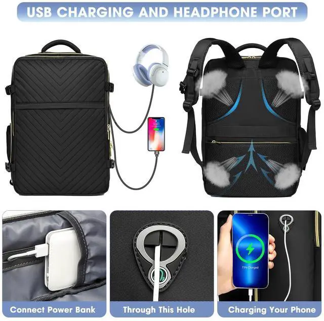 Alt view image 4 of 5 - Large Carry On Travel Backpack - Flight Approved Waterproof Anti-Theft Luggage Daypack for Women Men 20 Inch Business Weekender Overnight Backpack College Bag Personal Item Size Black