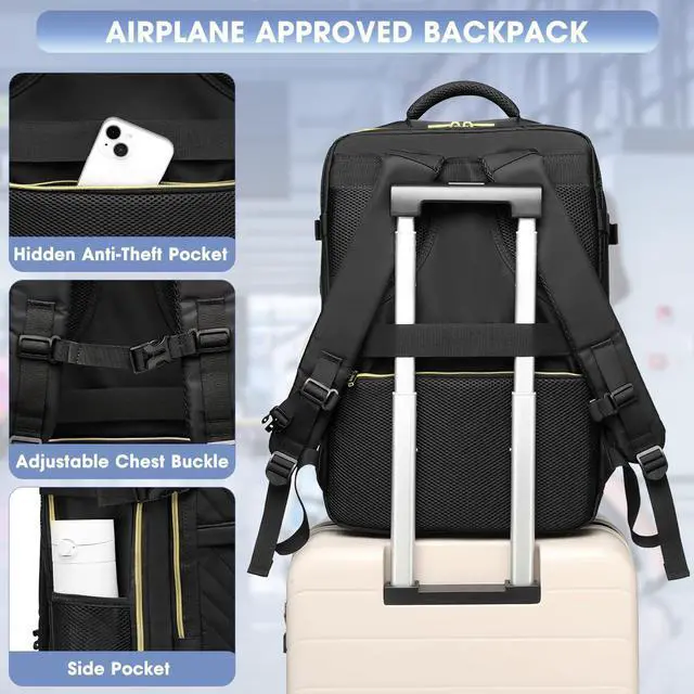 Alt view image 5 of 5 - Large Carry On Travel Backpack - Flight Approved Waterproof Anti-Theft Luggage Daypack for Women Men 20 Inch Business Weekender Overnight Backpack College Bag Personal Item Size Black