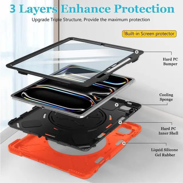 Alt view image 4 of 5 - Case for iPad Pro-13 Inch 7th Generation 2024: Military Grade Cover for iPad Pro-13 (M4) W/Screen Protector - Stand - Handle - Shoulder Strap - Pencil Holder- Orange