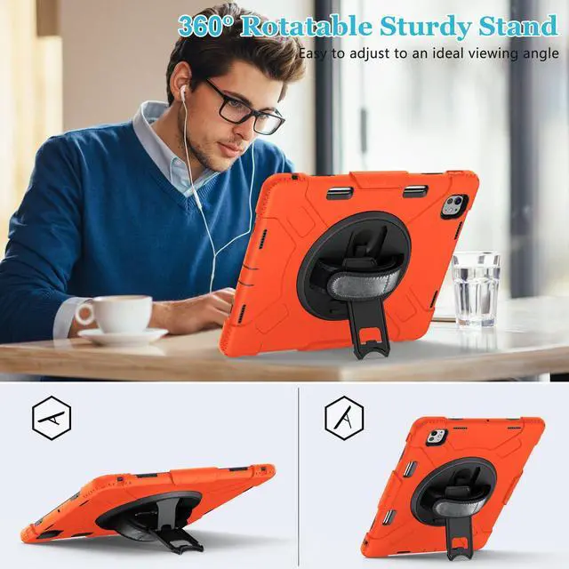 Alt view image 3 of 5 - Case for iPad Pro-13 Inch 7th Generation 2024: Military Grade Cover for iPad Pro-13 (M4) W/Screen Protector - Stand - Handle - Shoulder Strap - Pencil Holder- Orange