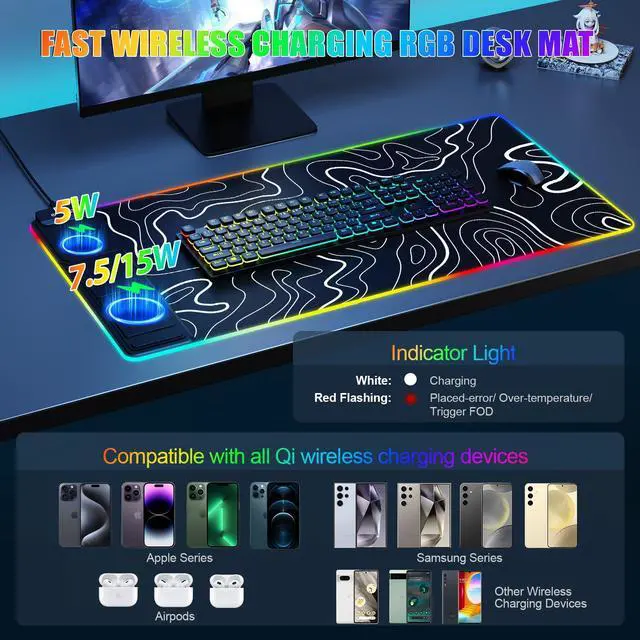 Alt view image 2 of 5 - Mouse Pad with Phone Holder, Wireless Charging Desk Mat, RGB Gaming Mousepad Home Office Large Desk Pad with Ultra-Smooth Surface, Non-Slip Base, Waterproof Keyboard Pad,Topographic Black