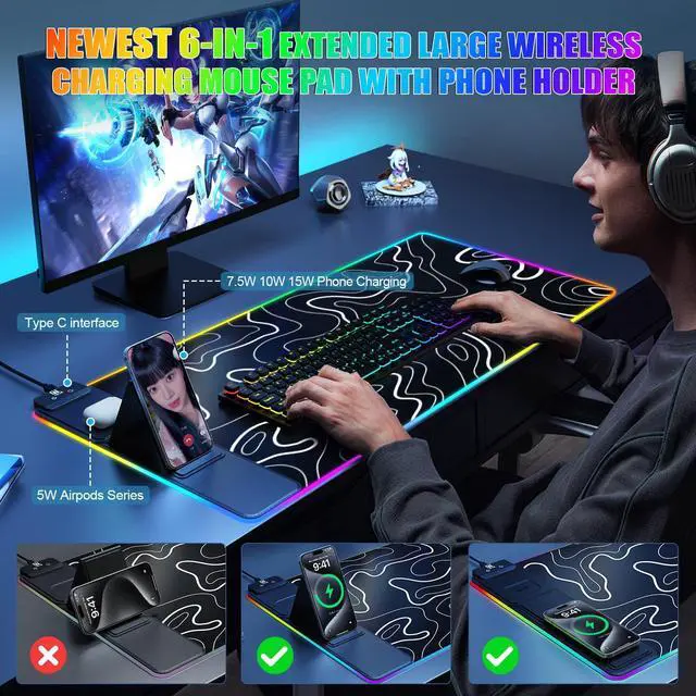 Alt view image 3 of 5 - Mouse Pad with Phone Holder, Wireless Charging Desk Mat, RGB Gaming Mousepad Home Office Large Desk Pad with Ultra-Smooth Surface, Non-Slip Base, Waterproof Keyboard Pad,Topographic Black