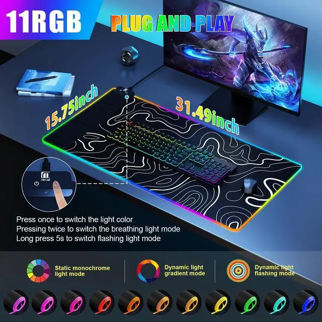 Alt view image 4 of 5 - Mouse Pad with Phone Holder, Wireless Charging Desk Mat, RGB Gaming Mousepad Home Office Large Desk Pad with Ultra-Smooth Surface, Non-Slip Base, Waterproof Keyboard Pad,Topographic Black