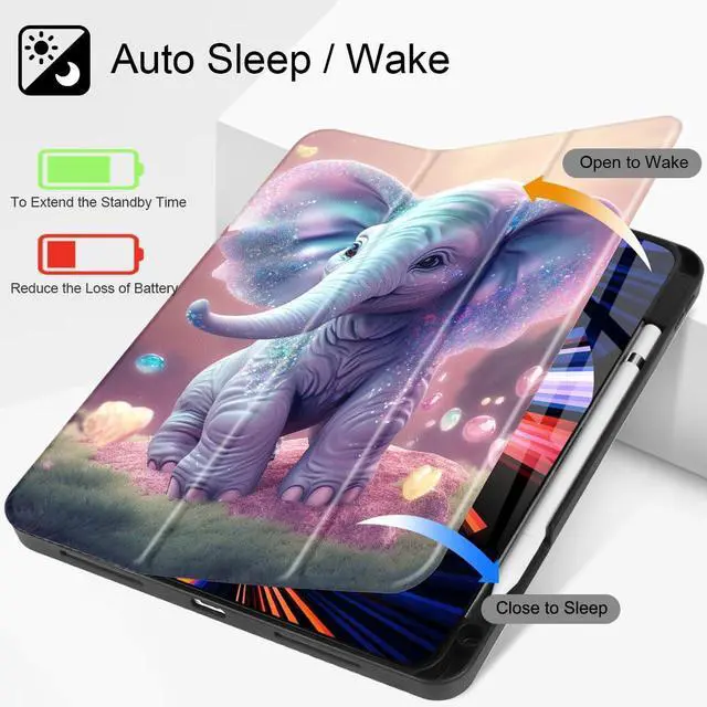 Alt view image 2 of 5 - May Chen Case for iPad Pro 11-inch 2024 5th Generation M4 Chip, [Built Pencil Holder 2/USB-C] Soft TPU Back Cover with Trifold Stand Support Auto Wake/Sleep, Happy Elephant