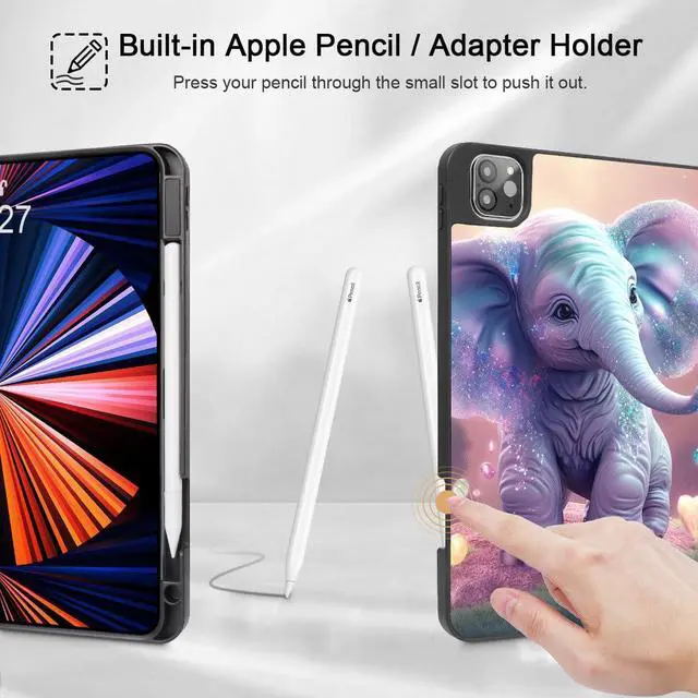 Alt view image 3 of 5 - May Chen Case for iPad Pro 11-inch 2024 5th Generation M4 Chip, [Built Pencil Holder 2/USB-C] Soft TPU Back Cover with Trifold Stand Support Auto Wake/Sleep, Happy Elephant