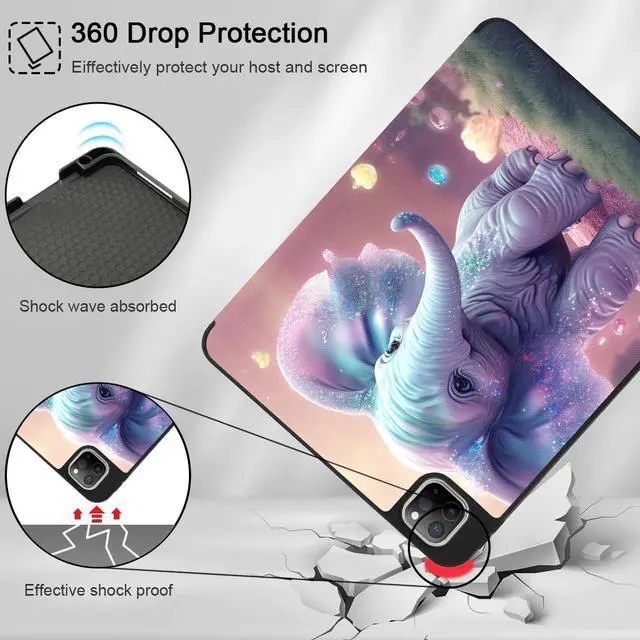 Alt view image 4 of 5 - May Chen Case for iPad Pro 11-inch 2024 5th Generation M4 Chip, [Built Pencil Holder 2/USB-C] Soft TPU Back Cover with Trifold Stand Support Auto Wake/Sleep, Happy Elephant
