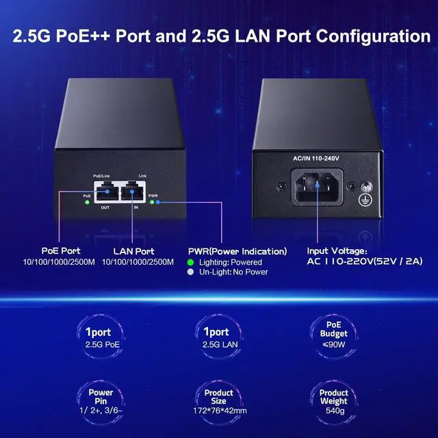 Alt view image 4 of 5 - MokerLink 2.5 Gigabit PoE Injector, 802.3af/at/bt 90W, 2.5G/1G/100M Ethernet, Plug & Play, Non-PoE to PoE Adapter, Metal Case, Distance Up to 100 Meters (328 ft.)