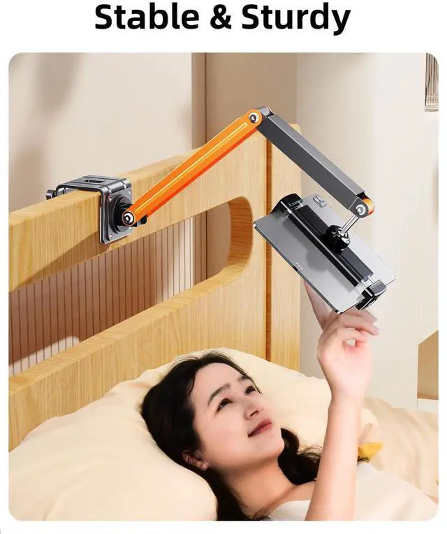 Alt view image 2 of 5 - nediea Adjustable Tablet Stand for Desk & Bed, 360 Degree Rotation Tablet Arm Holder with Clamp Mount, Phone & Tablets Desk Mount for Office, Compatible With iPad & 4.7-12.9in Android Tablets (Orange)