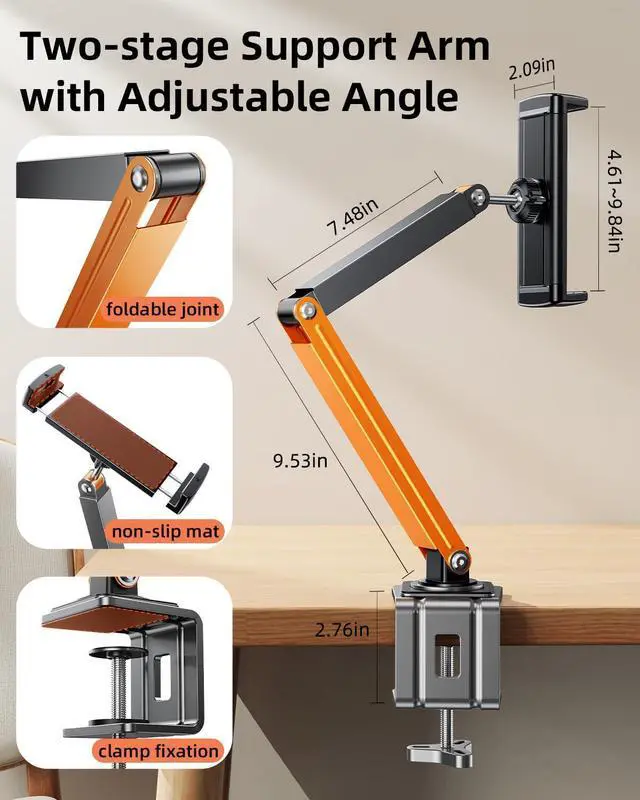 Alt view image 3 of 5 - nediea Adjustable Tablet Stand for Desk & Bed, 360 Degree Rotation Tablet Arm Holder with Clamp Mount, Phone & Tablets Desk Mount for Office, Compatible With iPad & 4.7-12.9in Android Tablets (Orange)