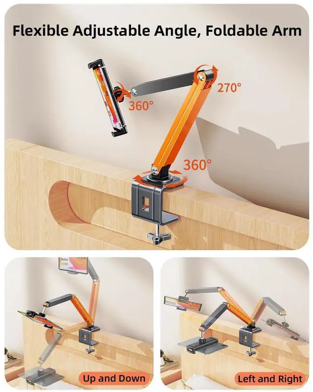 Alt view image 4 of 5 - nediea Adjustable Tablet Stand for Desk & Bed, 360 Degree Rotation Tablet Arm Holder with Clamp Mount, Phone & Tablets Desk Mount for Office, Compatible With iPad & 4.7-12.9in Android Tablets (Orange)