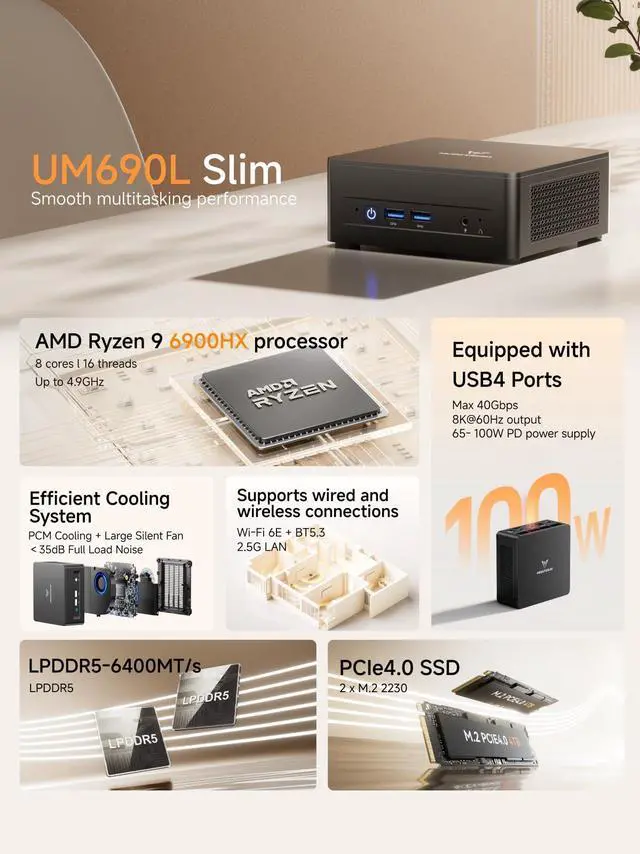 Alt view image 2 of 5 - MINISFORUM UM690L Slim Mini PC, AMD Ryzen 9 6900HX(8C/16T, up to 4.9 GHz) Mini Computer, 32 GB LPDDR5 and 1TB PCIe 4.0 SSD, DP/HDMI 2.1/USB 4, 4 x USB Type-A, WiFi 6E/BT 5.3