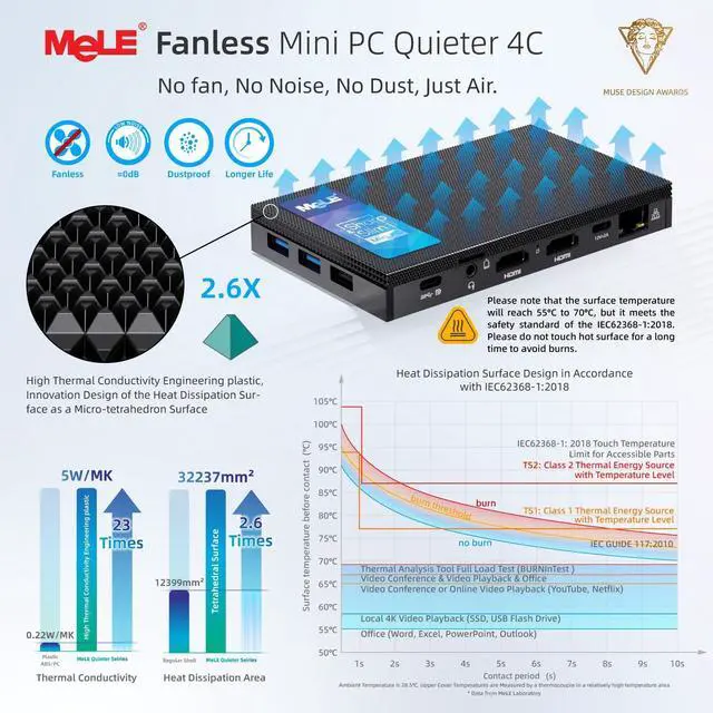 Alt view image 2 of 5 - MeLE Quieter4C Fanless Mini PC 12th Alder Lake N100 (up to 3.4GHz 4C/4T) 8GB LPDDR4x 256GB Storage Micro Desktop Computer, Support 4K Triple Display, Dual HDMI, All-in-One USB-C WiFi 5 BT5.1 Ethernet
