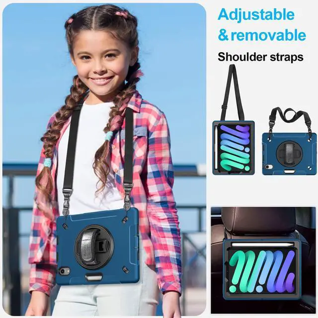 Alt view image 4 of 5 - Case for iPad mini 7 (A17 Pro)/ Mini 6 8.3 INCH: TPU Cover for iPad mini 7th/6th Generation 8.3 Inch with Screen Protector- Stand + Handle + Shoulder Strap + Pencil Holder- Blue