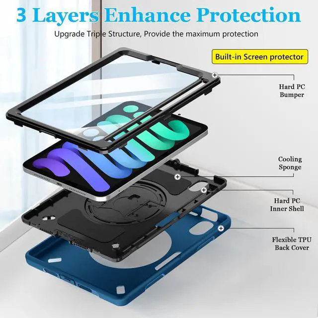 Alt view image 5 of 5 - Case for iPad mini 7 (A17 Pro)/ Mini 6 8.3 INCH: TPU Cover for iPad mini 7th/6th Generation 8.3 Inch with Screen Protector- Stand + Handle + Shoulder Strap + Pencil Holder- Blue