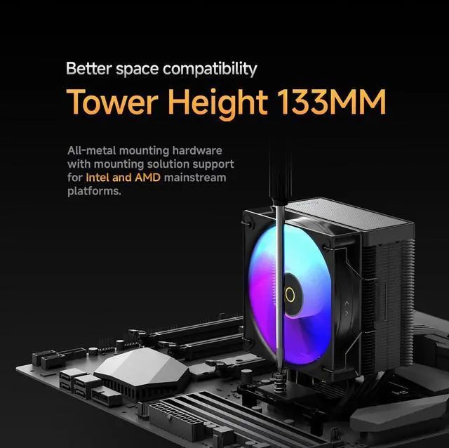 Alt view image 4 of 5 - Gamma A40 ARGB BK CPU Cooler,100mm PWM Fan,133mm Height Single Tower Computer Compact CPU Air Cooler,4 Copper Heat Pipes,ARGB Function,Fancy Top Cover,for Intel LGA 115X/1200/1700/1851&AMD AM4/AM5