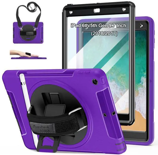 Main image of Case for iPad 6th/5th Generation 9.7 INCH: TPU Cover for iPad 9.7 (2018/2017) & iPad Air 2 9.7" with Screen Protector- Stand- Handle- Shoulder Strap-Pencil Holder- Purple