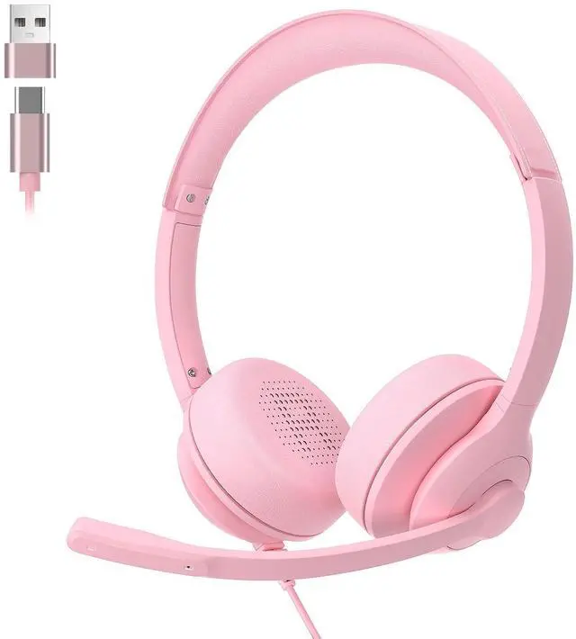 Main image of USB-C/USB-A Wired Headset with Noise Cancelling Microphone | On-Ear Office Headphones for PC/Laptop | Mute Button & All-Day Comfort for Call Center, Video Conferencing, Remote Work,Online Class-Pink