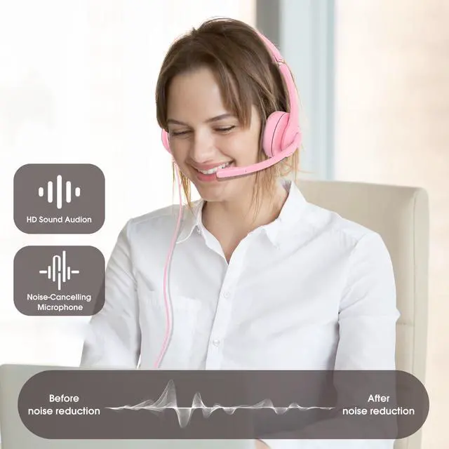 Alt view image 2 of 5 - USB-C/USB-A Wired Headset with Noise Cancelling Microphone | On-Ear Office Headphones for PC/Laptop | Mute Button & All-Day Comfort for Call Center, Video Conferencing, Remote Work,Online Class-Pink