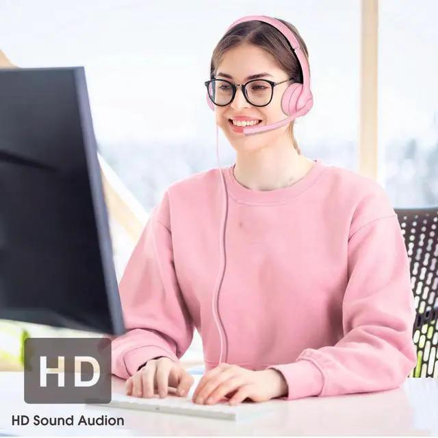 Alt view image 3 of 5 - USB-C/USB-A Wired Headset with Noise Cancelling Microphone | On-Ear Office Headphones for PC/Laptop | Mute Button & All-Day Comfort for Call Center, Video Conferencing, Remote Work,Online Class-Pink