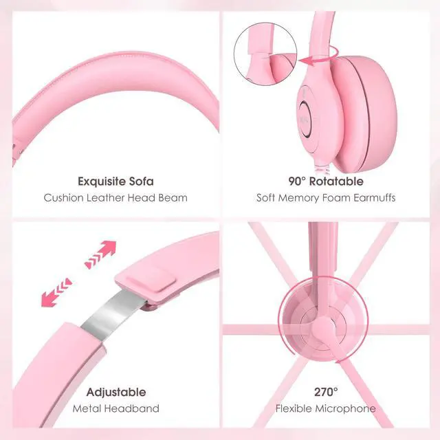 Alt view image 4 of 5 - USB-C/USB-A Wired Headset with Noise Cancelling Microphone | On-Ear Office Headphones for PC/Laptop | Mute Button & All-Day Comfort for Call Center, Video Conferencing, Remote Work,Online Class-Pink