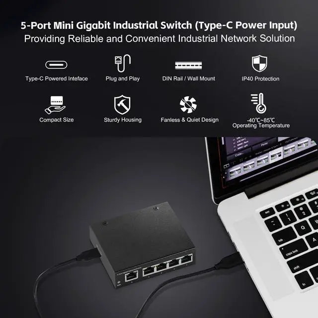 Alt view image 2 of 5 - MokerLink 5 Port Gigabit Industrial DIN-Rail Ethernet Switch, Mini Size, Type-C Powered, Fanless LAN Splitter Hub, Unmanaged IP40 Network Switch (-40 to 185degF), 10Gbps Capacity