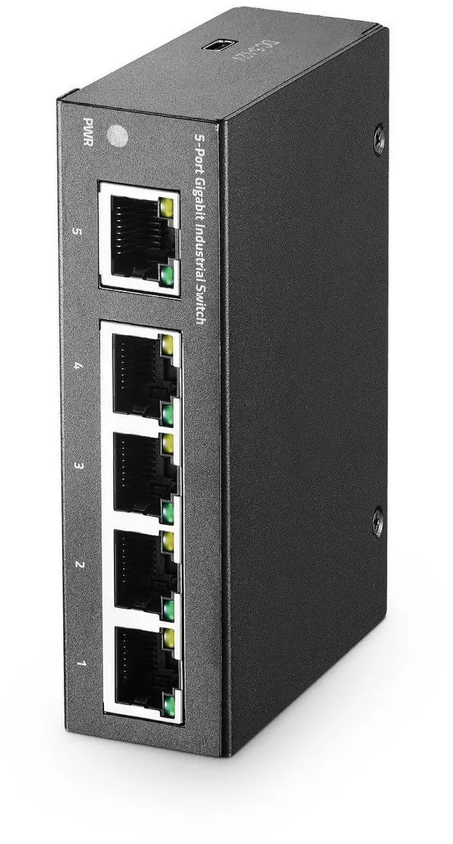 Main image of MokerLink 5 Port Gigabit Industrial DIN-Rail Ethernet Switch, Mini Size, Type-C Powered, Fanless LAN Splitter Hub, Unmanaged IP40 Network Switch (-40 to 185degF), 10Gbps Capacity
