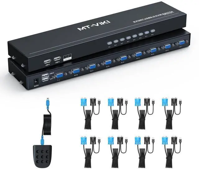 Main image of MT-VIKI 8 Port KVM VGA Switch, Rack Mount KVM Switch 8x1, Included 8 VGA KVM Cable+ Wire-Desktop Controller+ Rack Ears
