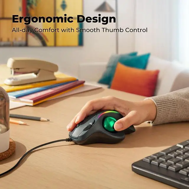 Alt view image 2 of 5 - Wired Trackball Mouse, Ergonomic Comfort Design Reduces Muscle Strain, Easy Thumb Control, Precision Tracking with 5 DPI Options, Dual USB-C/USB-A Interface Compatible for PC, Laptop, Mac, Windows