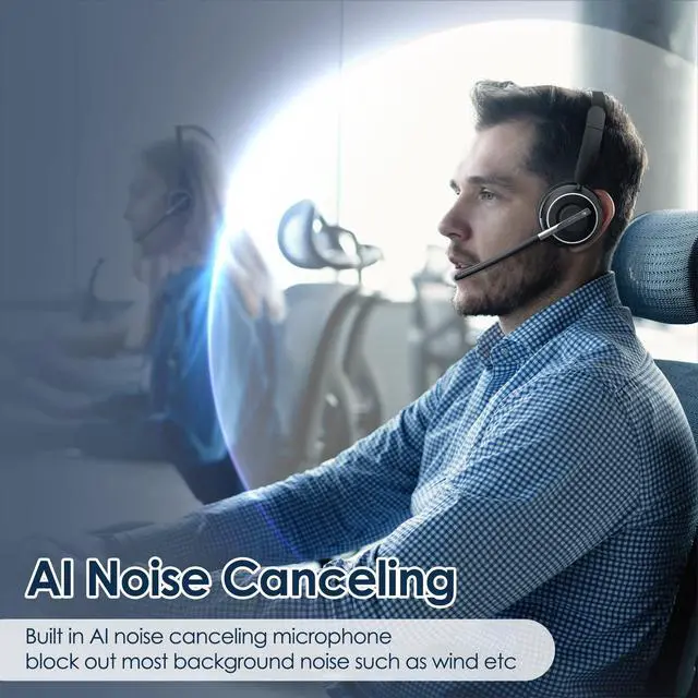 Alt view image 2 of 5 - PrancyBt Wireless Headset, Bluetooth Headset with AI Noise Cancelling Mic, Bluetooth V5.2 Headphones with USB Dongle, Charging Base & Mic Mute for PC/Cell Phones/Call Center (Binaural, Black)